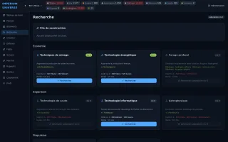 Imperium Universe — Recherche : cartes de technologies par domaine avec coût, durée et bonus