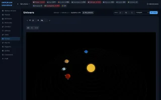 Imperium Universe — Vue Univers en 3D : système stellaire, planètes en orbite autour d'une étoile jaune