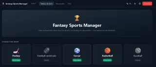 Fantasy Sports Manager — Page d'accueil : choix du sport, hockey, soccer et basketball disponibles