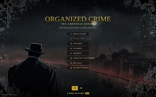 Organized Crime — The American Dream — Menu principal : silhouette d'un gangster en chapeau devant la ville sous la pluie, 1928