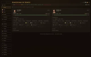 Kingdoms of Kings — Écran Peuple : deux héros, Aldric et Mirelle, avec leurs ordres et leur barre d'expérience
