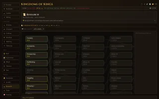 Kingdoms of Kings — Arbre de recherche du royaume : technologies en colonnes, coûts en connaissance